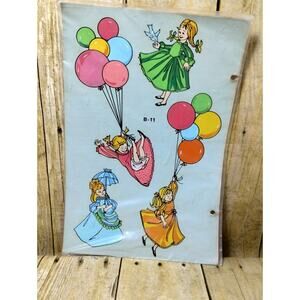 Vtg Decorcal Hand Painted Decals Girls w/Balloons Party Dresses A-30